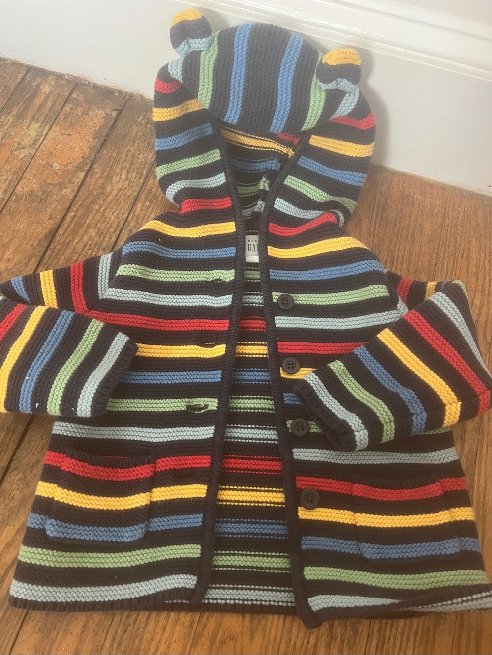 GAP Striped Hooded Knit Cardigan - Black with Red, Yellow, Blue, Green, Gray